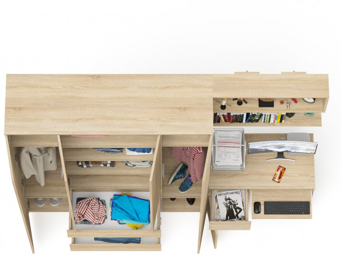 Мори Стол компьютерный МС-1 левый + Шкаф МШ1600.1 + Полка 900, цвет дуб сонома, ШхГхВ 250,4х50,4х209,6 см., НЕ универсальная сборка