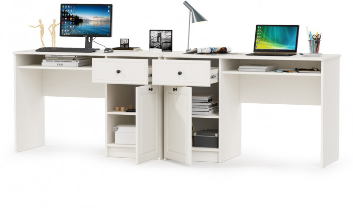 КР100 Роуз 12.148 Стол письменный + 12.148 Стол письменный, цвет ЛДСП белый(тиснение Поры дерева)/МДФ ясень ваниль, ШхГхВ 238х51,7х76,3 см., ун. сб.