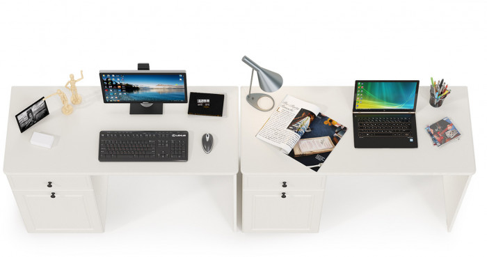 КР100 Роуз 12.148 Стол письменный + 12.148 Стол письменный, цвет ЛДСП белый(тиснение Поры дерева)/МДФ ясень ваниль, ШхГхВ 238х51,7х76,3 см., ун. сб.