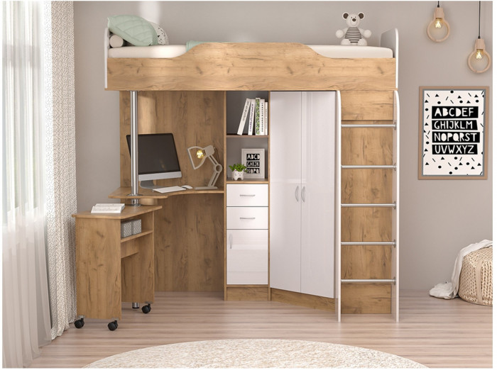 Кровать-чердак Бриз-1 80х190 (Бетон Светлый / Белый Глянец)