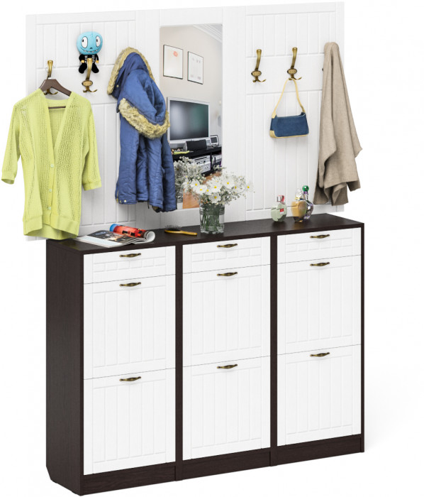 Прихожая П-6 Компоновка № 06, цвет венге/фасады МДФ белое дерево фрезеровка прованс, ШхГхВ 170х35х200 см., универсальная сборка