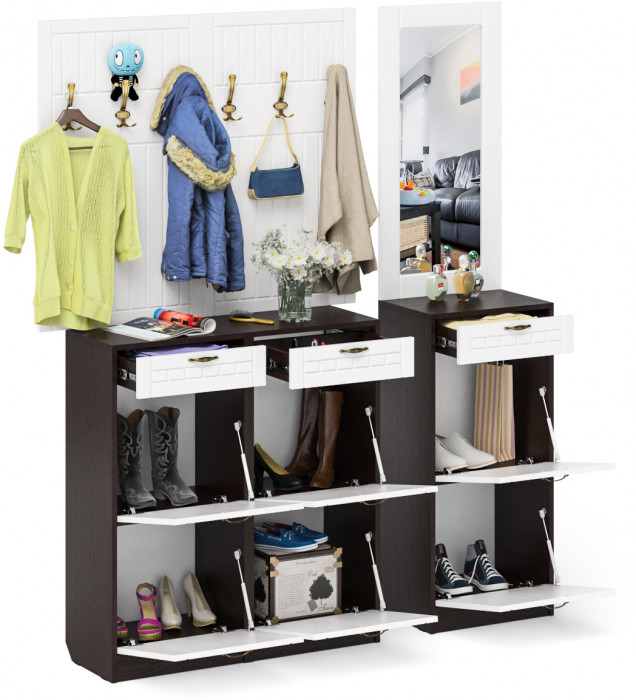 Прихожая П-6 Компоновка № 06, цвет венге/фасады МДФ белое дерево фрезеровка прованс, ШхГхВ 170х35х200 см., универсальная сборка