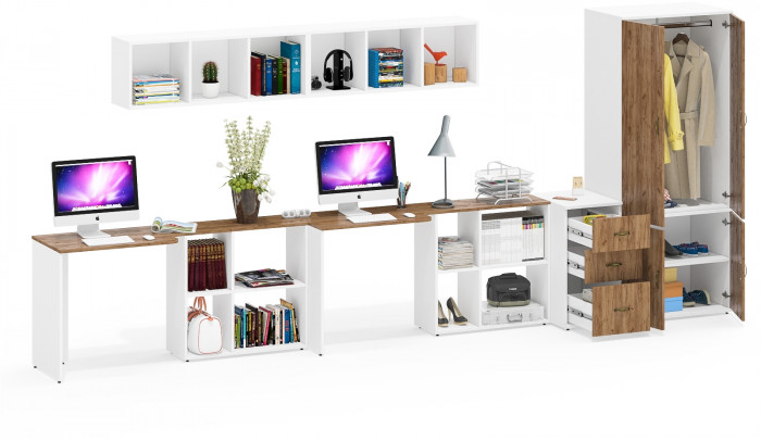 Лидер-8 Стол + Полка + Стол + Полка + Шкаф МД 19Б + Тумба МД 3.16, белый шагрень/крафт золото