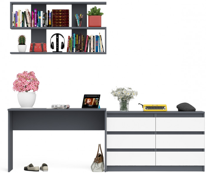 Мори письменный стол МСП1200.1 + Комод МК1200.6 + Полка 1200, графит/белый