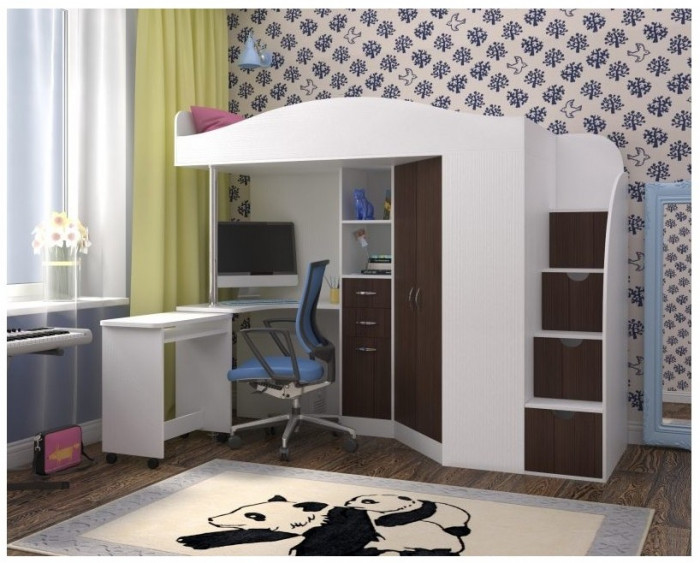 Кровать-чердак Юниор 4 (Белое дерево/Ясень Анкор темный)