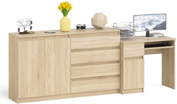 Мори Стол компьютерный МС-1 левый + Комод МК1600.1, цвет дуб сонома, ШхГхВ 250,4х50х94 см., выдвижной ящик слева, НЕ универсальная сборка