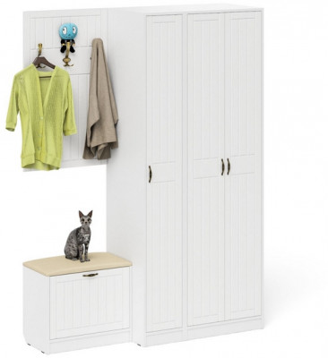 Прихожая П-6 Компоновка № 47, белая шагрень/фасады МДФ белое дерево фрезеровка прованс