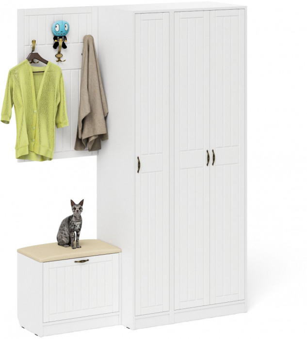 Прихожая П-6 Компоновка № 47, белая шагрень/фасады МДФ белое дерево фрезеровка прованс