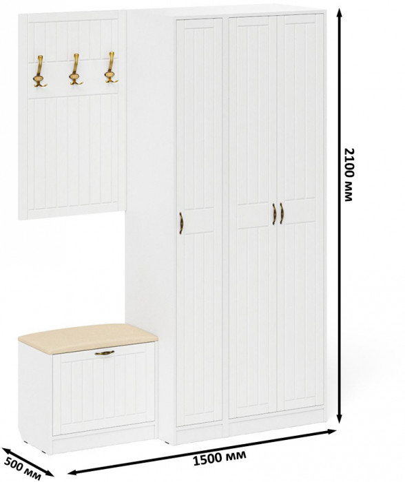 Прихожая П-6 Компоновка № 47, белая шагрень/фасады МДФ белое дерево фрезеровка прованс