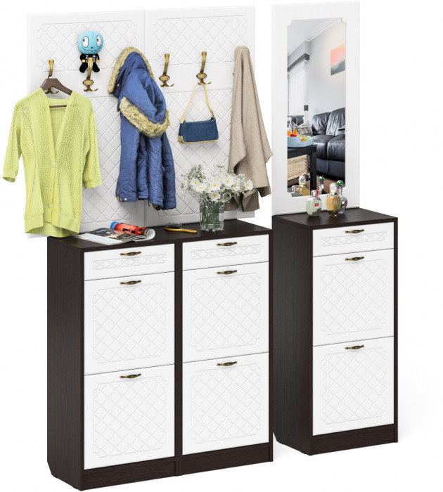 Прихожая П-6 Компоновка № 06, цвет венге/фасады МДФ белое дерево фрезеровка ромб, ШхГхВ 170х35х200 см., универсальная сборка