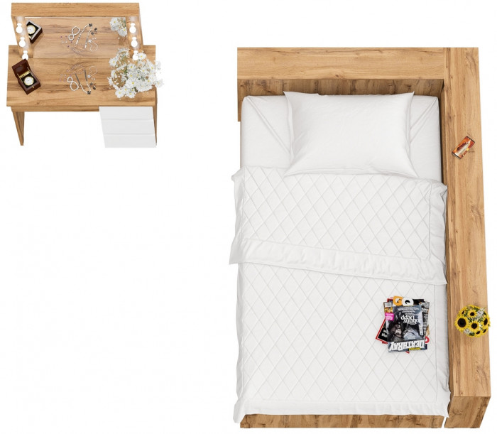 Ксения Кровать с ящиками 1200 + прикроватный блок + Столик с подсветкой Сура, дуб вотан/белый