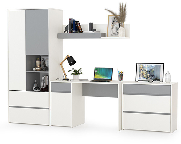 Торонто Компоновка № 03, цвет белый шагрень/стальной серый, ШхГхВ 280х53,1х195,7 см., универсальная сборка