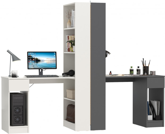 Два Стола письменных Лайт 10.01, цвет белый гладкий/тёмно-серый, ШхГхВ 230,6х58,2х179 см., универсальная сборка(обязательно крепление к стене)