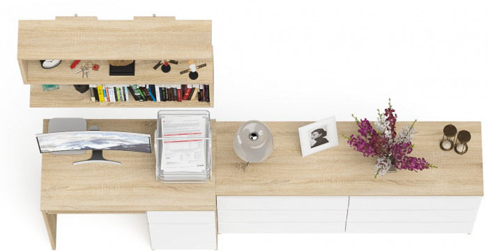 Мори Стол компьютерный МС-1 правый + Комод МК1380.6 + Полка 900, цвет дуб сонома/белый, ШхГхВ 228х50х209,6 см., НЕ универсальная сборка