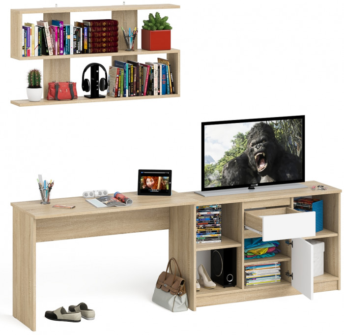 Мори Стол письменный МСП1200.1 + Тумба МТВ1204.1 + Полка 1200, цвет дуб сонома/белый, ШхГхВ 240,8х50х209,6 см., универсальная сборка