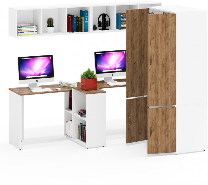 Лидер-8 Стол + Полка + Стол + Полка + Шкаф МД 19Б, белый шагрень/крафт золото