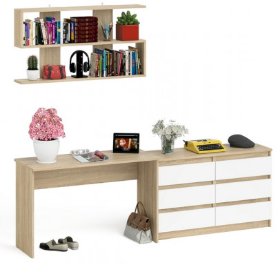 Мори письменный стол МСП1200.1 + Комод МК1200.6 + Полка 1200, дуб сонома/белый
