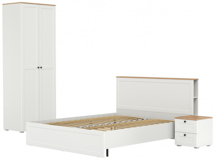 Остин 11.53 Кровать + ортопед + 13.224 Шкаф + 16.152 Тумба прикроватная, белый шагрень/дуб крафт золотой