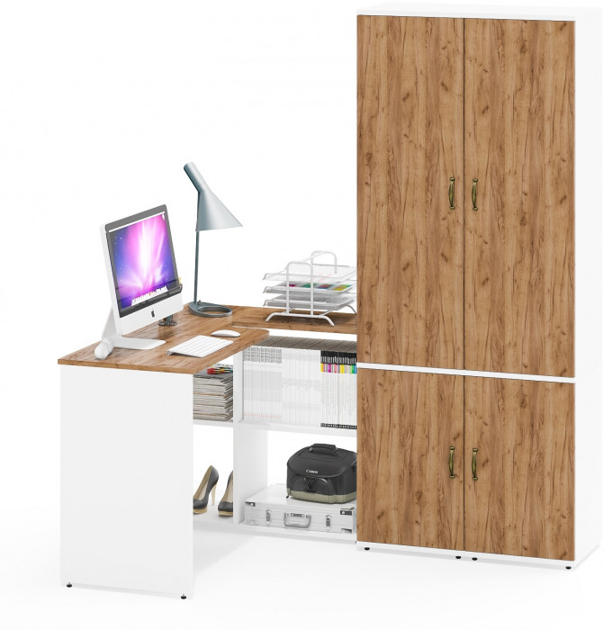 Лидер-8 Стол + Пенал МД 22Б + Пенал МД 22Б, белый шагрень/крафт золото