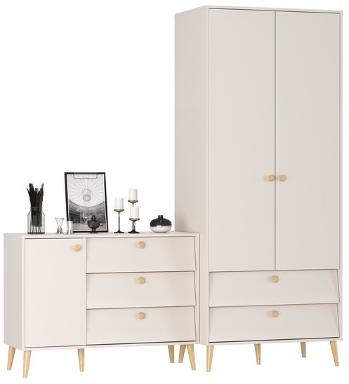 Афина Спальня Шкаф 2-х дверный + Комод с дверкой и тремя ящиками, цвет кашемир серый, ШхГхВ 90,3х56,3х220 + 110х45,3х83 см., универсальная сборка