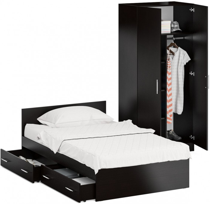 Кровать с ящиками 1200 + Шкаф 2-х створчатый Стандарт, цвет венге, ШхГхВ 123,5х203,5х70 + 90х52х200 см., сп.м. 1200х2000 мм., б/м, основание есть