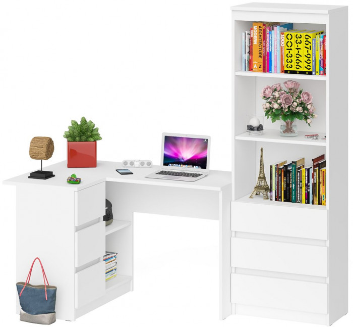 Мори Стол компьютерный МС-16 левый + Стеллаж МСТ600.3, цвет белый, ШхГхВ 184,8х84,9х179,6 см., выдвижные ящики слева, НЕ универсальная сборка