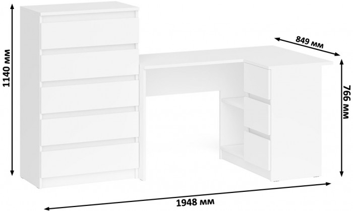 Мори Стол компьютерный МС-16 правый + Комод МК700.5, цвет белый, ШхГхВ 194,8х84,9х114 см., выдвижные ящики справа, НЕ универсальная сборка