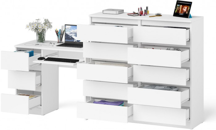 Мори Стол компьютерный МС-6 левый + Комод МК1200.10, цвет белый, ШхГхВ 210,4х50х115 см., выдвижные ящики слева, НЕ универсальная сборка