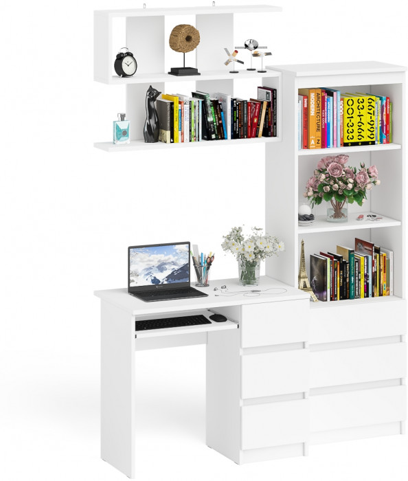 Мори Стол компьютерный МС-6 правый + Стеллаж МСТ600.3 + Полка 900, цвет белый, ШхГхВ 150,4х50х209,6 см., НЕ универсальная сборка