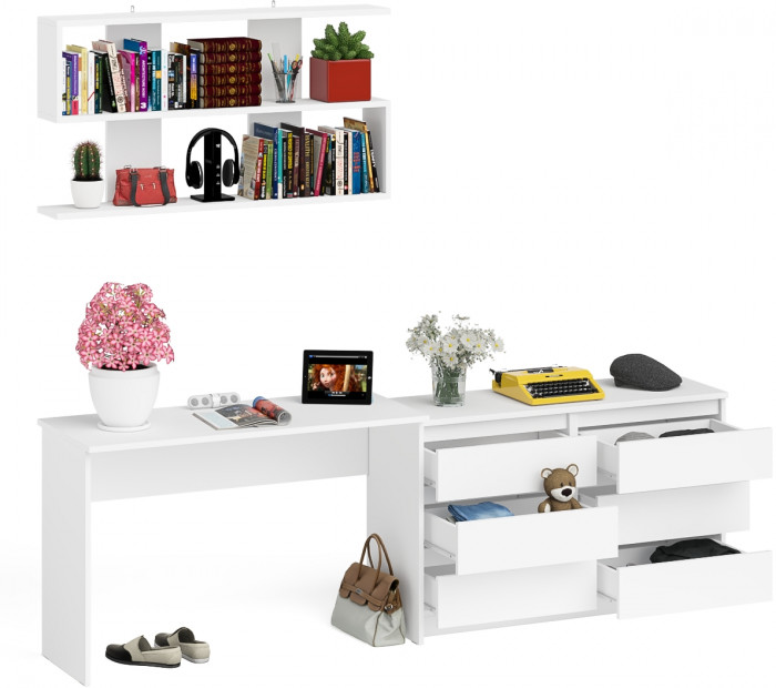 Мори Стол письменный МСП1200.1 + Комод МК1200.6 + Полка 1200, цвет белый, ШхГхВ 240,8х50х209,6 см., универсальная сборка