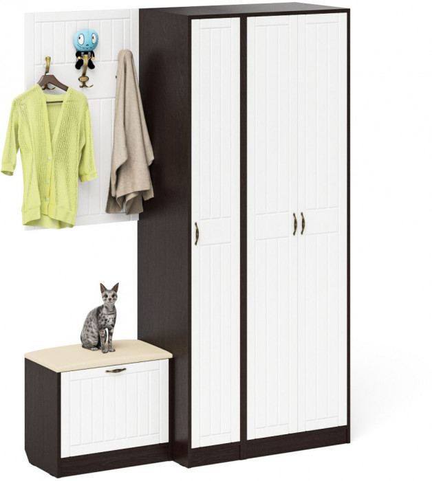 Прихожая П-6 Компоновка № 47, венге/фасады МДФ белое дерево фрезеровка прованс