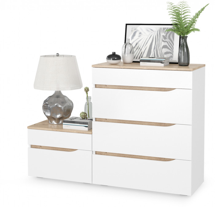 Муссон 13.97 Комод + 16.03 Тумба, цвет белый/дуб эндгрейн элегантный, ШхГхВ 133х39,4х92,6 см., четыре выдвижных ящика, ручки-вырезы, НЕ универс. сб.