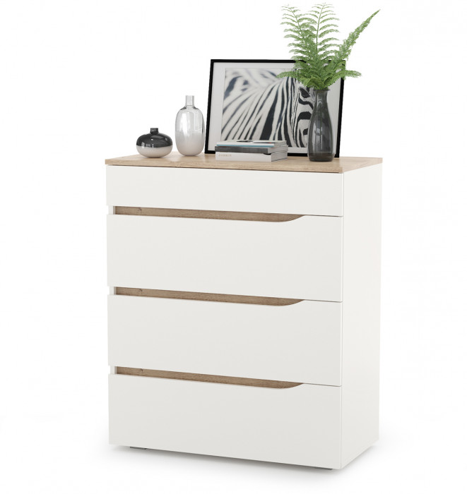 Муссон 13.97 Комод + 16.03 Тумба, цвет белый/дуб эндгрейн элегантный, ШхГхВ 133х39,4х92,6 см., четыре выдвижных ящика, ручки-вырезы, НЕ универс. сб.