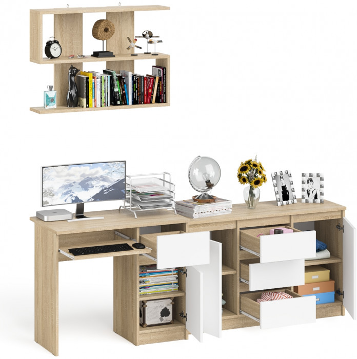 Мори компьютерный стол МС-1 правый + Комод МК1200.3 + Полка 900, дуб сонома/белый
