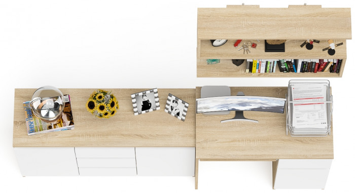 Мори компьютерный стол МС-1 правый + Комод МК1200.3 + Полка 900, дуб сонома/белый