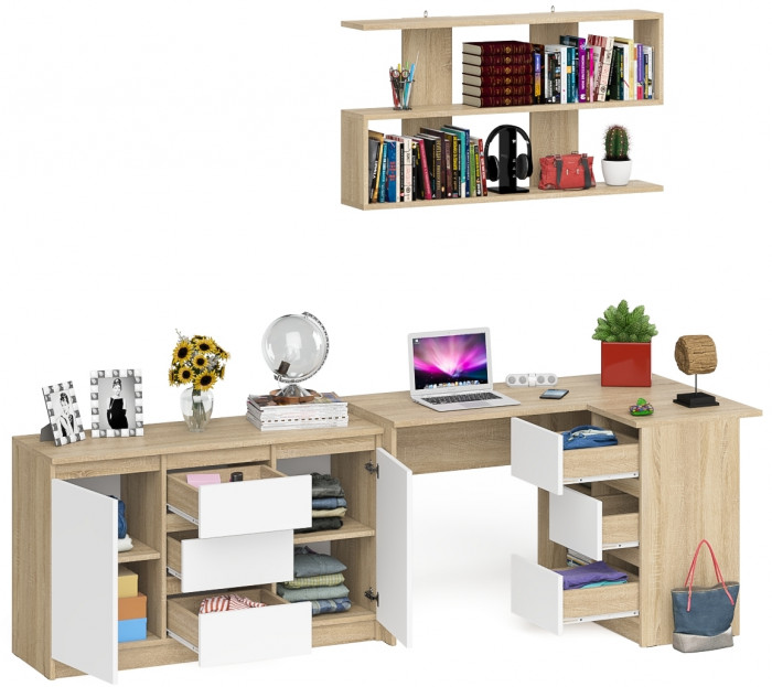 Мори компьютерный стол МС-16 правый + Комод МК1200.3 + Полка 1200, дуб сонома/белый