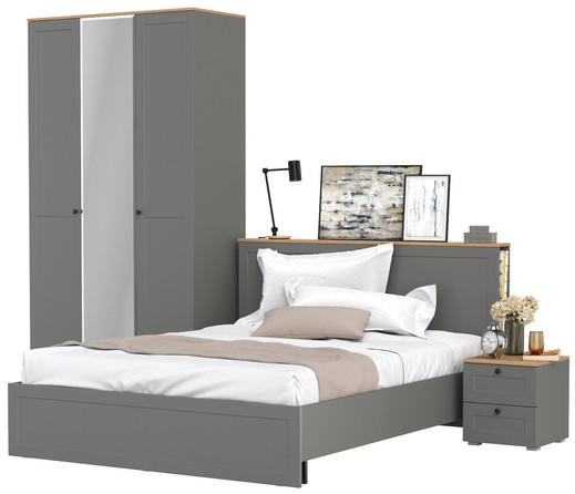 Остин 11.53 Кровать + ортопед + 13.336.03 Шкаф для одежды + 16.152 Тумба прикроватная, серый графит/дуб крафт золотой