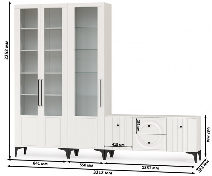 Валенсия Гостиная № 076, цвет ЛДСП белый шагрень/МДФ белый шагрень, ШхГхВ 272,2х38,3х225,2 см., универсальная сборка