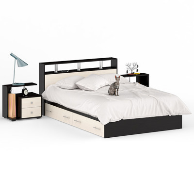 Камелия Кровать с ящиками 1400 + две тумбы, цвет венге/дуб лоредо, ШхГхВ 256х217х78,2 см., сп.м. 1400х2000 мм., без матраса, основание есть