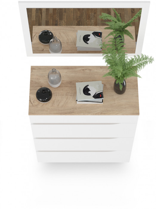 Муссон 13.97 Комод + Зеркало СВК, цвет белый/дуб эндгрейн элегантный, ШхГхВ 77х39,4х92,6 + 80х2х60 см., четыре выдвижных ящика, ручки-вырезы