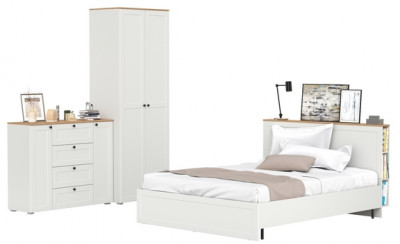 Остин 11.53 Кровать + ортопед + 13.224 Шкаф + 16.221 Комод, белый шагрень/дуб крафт золотой