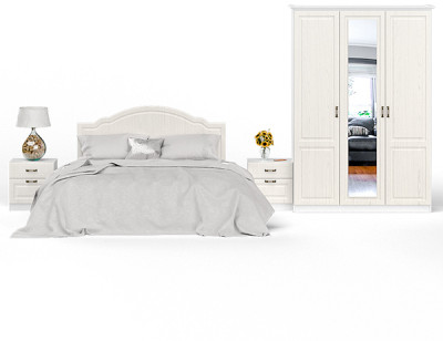 Ливерпуль Спальня № 1 Кровать 11.08ОСН + две Тумбы 08.146 + Шкаф 08.45Н + карниз, цвет ясень ваниль/белый, сп. м. 1600х2000 мм., б/м, ортопед есть