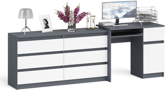 Мори Стол компьютерный МС-1 правый + Комод МК1380.6, цвет графит/белый, ШхГхВ 228х50х76,6 см., выдвижной ящик справа, НЕ универсальная сборка