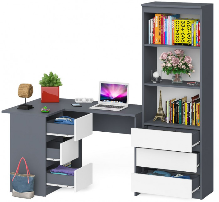 Мори Стол компьютерный МС-16 левый + Стеллаж МСТ600.3, цвет графит/белый, ШхГхВ 184,8х84,9х179,6 см., выдвижные ящики слева, НЕ универсальная сборка