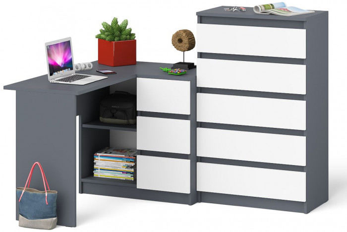 Мори Стол компьютерный МС-16 правый + Комод МК700.5, цвет графит/белый, ШхГхВ 194,8х84,9х114 см., выдвижные ящики справа, НЕ универсальная сборка