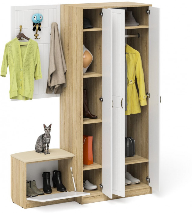 Прихожая П-6 Компоновка № 47, дуб сонома/фасады МДФ белое дерево фрезеровка прованс