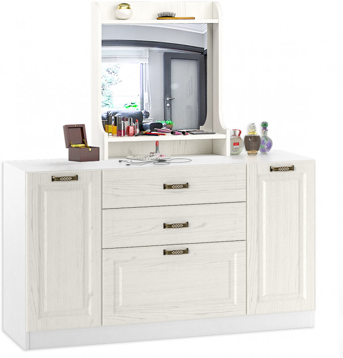 Ливерпуль Комод + Полка 10.118 с зеркалом, ясень ваниль/белый