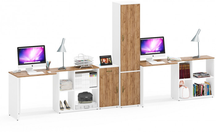 Лидер-8 Стол + Стол + Пенал МД 21Б + Тумба МД 3.15, цвет белый шагрень/крафт золото, ШхГхВ 410х50/37,5х75/190 или 230х160/50х75/190 см., НЕ ун. сб.