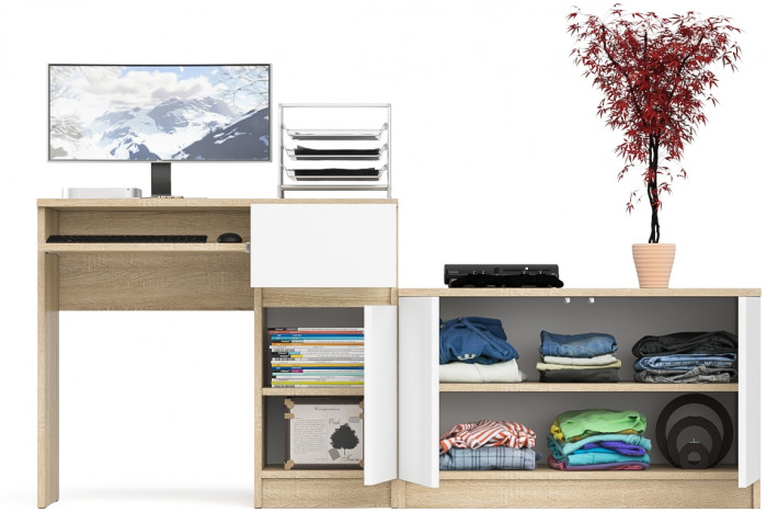 Мори компьютерный стол МС-1 правый + Тумба МА900.1, дуб сонома/белый