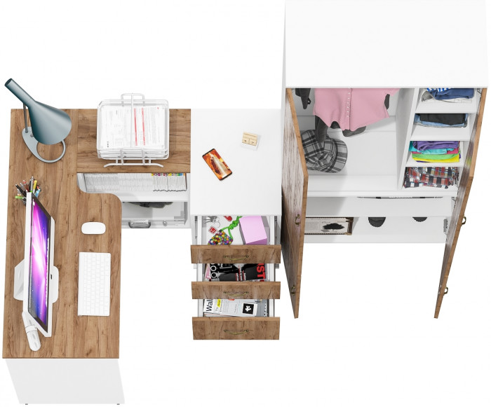 Лидер-8 Стол + Тумба МД 3.16 + Шкаф МД 20Б, цвет белый шагрень/крафт золото, ШхГхВ 285х50/37,5х75/190 или 115х200/50х75/190 см., НЕ ун. сборка